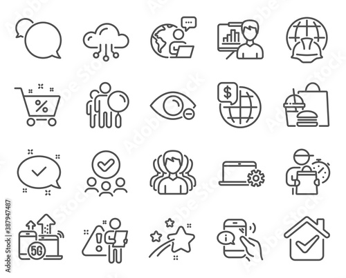 Business icons set. Included icon as Group, Global engineering, Myopia signs. Notebook service, Presentation board, Approved group symbols. Call center, Approved, Search people. Messenger. Vector