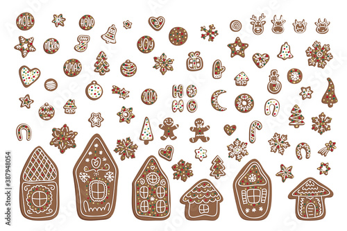 Big set of gingerbread. Christmas elements for the winter holidays. Gingerbread man and woman, tree, gift, stars, bell, ball, house, heart. Hand drawn vector illustration.Hand drawn and cartoon style.