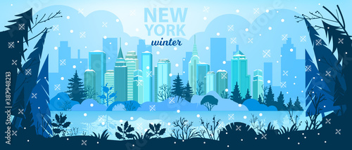 Winter city Christmas vector background with skyscrapers, pine trees silhouette, snow, lake.X-mas holiday urban illustration with New York buildings, park, water, sky.Winter city architecture postcard