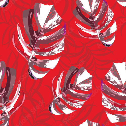Abstrakcyjny kolor tropikalnych egzotycznych liści monstera nowoczesnych liści ilustracja bez szwu wektor wzór na czerwonym tle