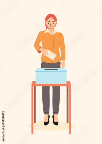Flat character design illustration, woman cast a ballot into voting box
