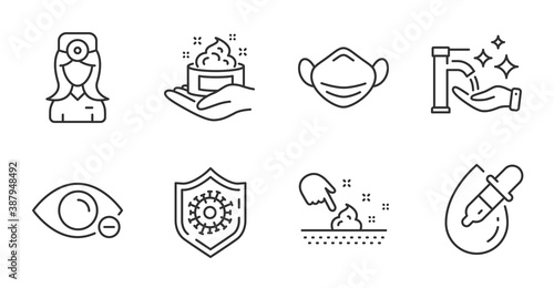 Eye drops, Oculist doctor and Myopia line icons set. Skin care, Skin moisture and Coronavirus protection signs. Medical mask, Washing hands symbols. Pipette, Optometrist, Eye vision. Vector