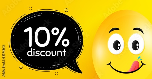 10% Discount. Easter egg with yummy smile face. Sale offer price sign. Special offer symbol. Easter smile character. Discount speech bubble. Yellow yummy egg background. Vector