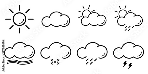Outline weather icons. Isolated sun and cloud collection. Snow and wind sign set. Forecast weather icons on white background. Rain and storm vector illustration. EPS 10.