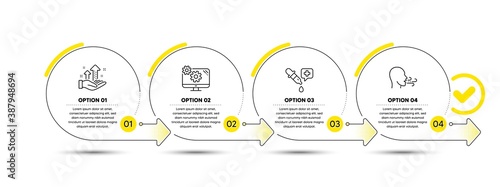 Chemistry pipette, Settings and Analysis graph line icons set. Timeline process infograph. Breathing exercise sign. Laboratory, Cogwheel tool, Targeting chart. Breath. Technology set. Vector