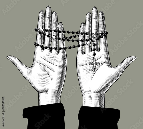 Engraved vintage drawing of female palms holding a rosary with a cross