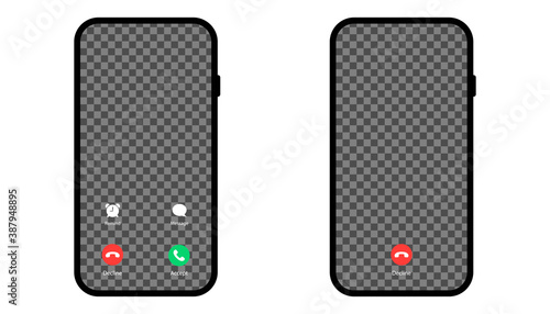 Accept and decline phone call. Isolated mockup of smartphone active call. Conversation screen with transparent bacgkround template. Phone call screen with red and green buttons. Vector EPS 10.