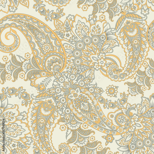 Paisley vector seamless pattern. Fantastic flower, leaves. Textile bohemian print. Batik painting. Vintage