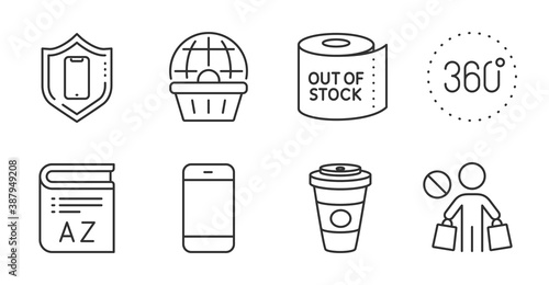 Smartphone, Vocabulary and Online shopping line icons set. 360 degrees, Stop shopping and Toilet paper signs. Smartphone protection, Takeaway coffee symbols. Quality line icons. Vector
