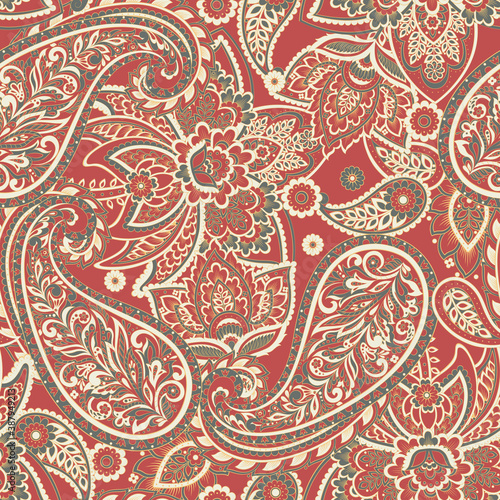 Vector Paisley seamless pattern with flowers in indian style.