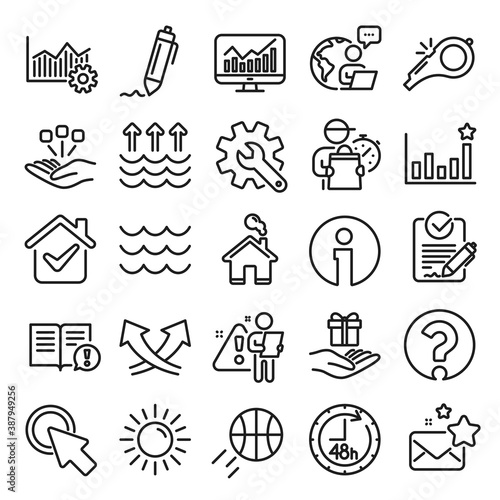 Waves, sun, efficacy line icons. Customisation, Global warming, Question mark icons. Signature Rfp, Information, Efficacy. Waves, Consolidation, Operational excellence. Question mark, whistle. Vector