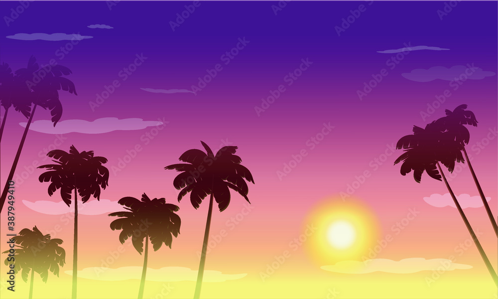 Illustration of a bright sunset with palm trees. Vector graphics