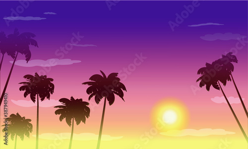 Fototapeta Naklejka Na Ścianę i Meble -  Illustration of a bright sunset with palm trees. Vector graphics