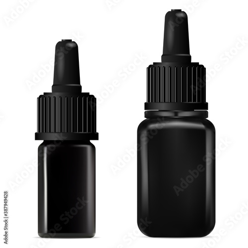 Black glass dropper bottle mockup. Cosmetic serum vial with drop cap. Essential oil container with eyedropper, realistic luxury illustration. Pharmacy flacon with pipette. E liquid for vape