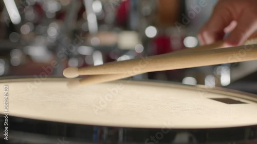 Close Up of Drummer Playing Roll on Snare Drum - Shallow Depth of Field