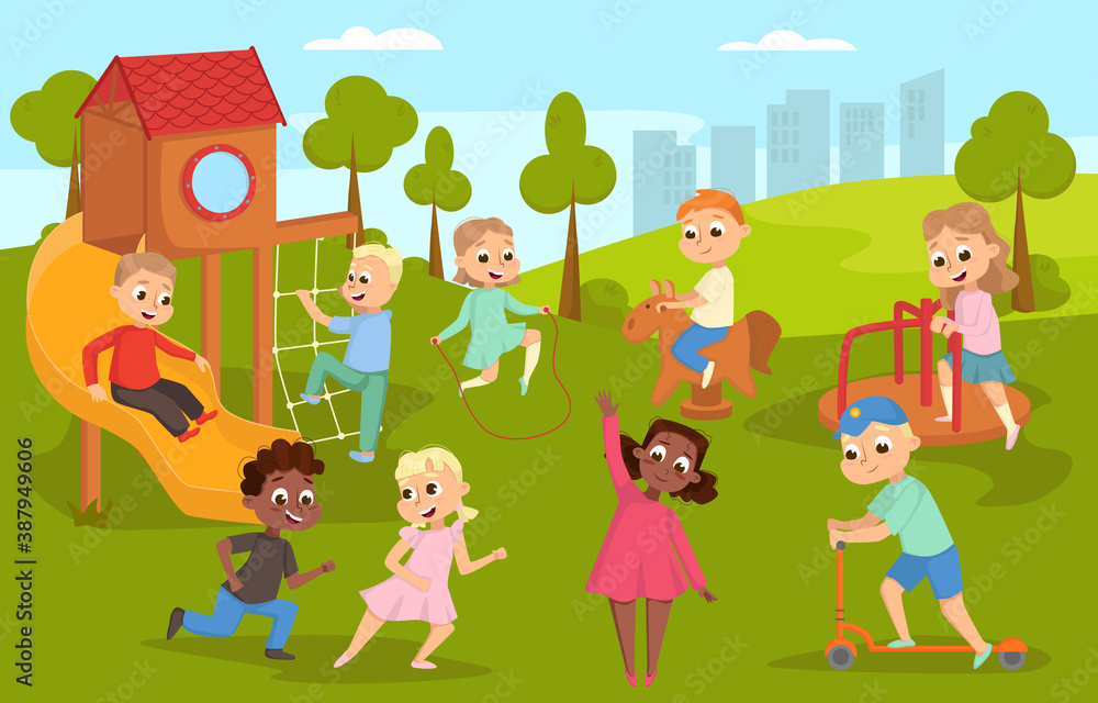 Cute Children Playing in Playground on Nature Landscape, Happy Kids Swinging on Swing, Sliding down Slide, Riding Kick Scooter Vector Illustration