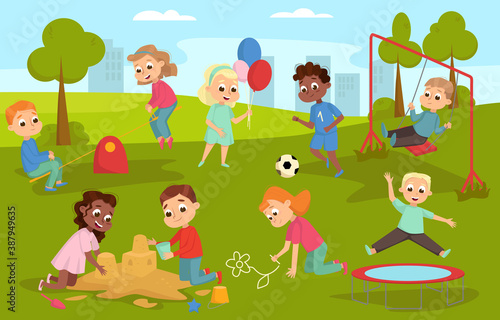 Cute Children Playing in Playground on Nature Landscape, Happy Kids Playing in Sandpit, Playing Soccer, Jumping on Trampoline Vector Illustration
