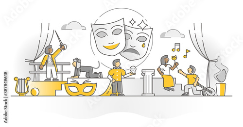 Theater show art form with acting stage actors monocolor outline concept