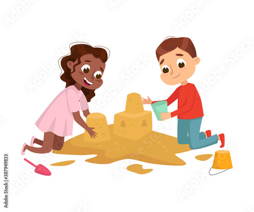 Little Girl and Boy Playing in Sandbox, Kid Having Fun on Playground Cartoon Style Vector Illustration