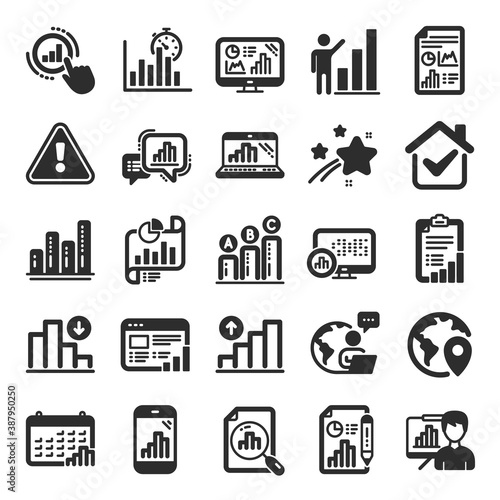 Graph icons. Set of Chart presentation, Report, Increase growth graph icons. Analytics testing, Falling demand, Pie chart report. Calendar statistics, Stats. Ab testing, Increase sales. Vector