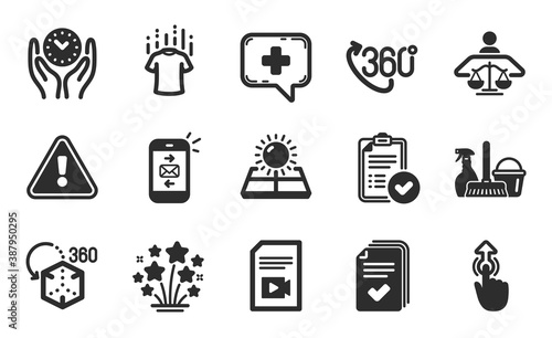 360 degree, Handout and Mail icons simple set. Court judge, Swipe up and Approved report signs. Video file, Safe time and Medical chat symbols. Household service, Sun energy and Dry t-shirt. Vector