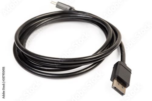 DisplayPort cable with full-size connectors closeup in selective focus