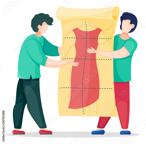 Vector illustration of two men seamstress holding a big paper with dress pattern. Two creative designers look at model of future dress. Concept of sewing workshop using for banners, flyers or logo