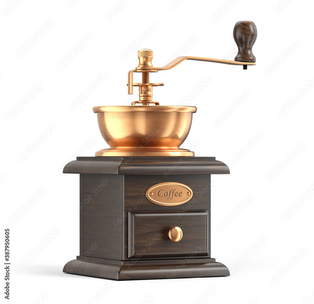 Retro manual coffee grinder isolated on white background Device for grinding coffee beans - 3d rendering