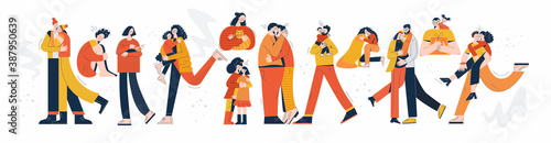 Hug day set of happy couple, family flat vector illustrations. Bundle of embraced people. Collection of pairs of hugging or cuddling characters  isolated on white. Friends, partners, parents and kids 