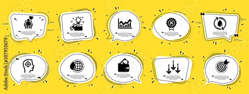 Flat icons set. Speech bubble offer banners. Yellow coupon badge. Included icon as Scroll down, Friendship, World water signs. Reject medal, Target purpose, Recruitment symbols. Vector