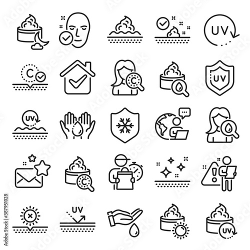 Skin care line icons. Collagen, Cream, Serum oil and Skincare. Face sun lotion gel, Uv protection, vitamin E icons. Night face skin care cream protection. Skincare cosmetic. Line icon set. Vector