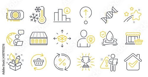 Set of Business icons, such as Chemistry dna, Mattress, Freezing symbols. User idea, Refresh cart, Flood insurance signs. Swipe up, Creativity, Loan percent. Decreasing graph, Trophy, Gpu. Vector