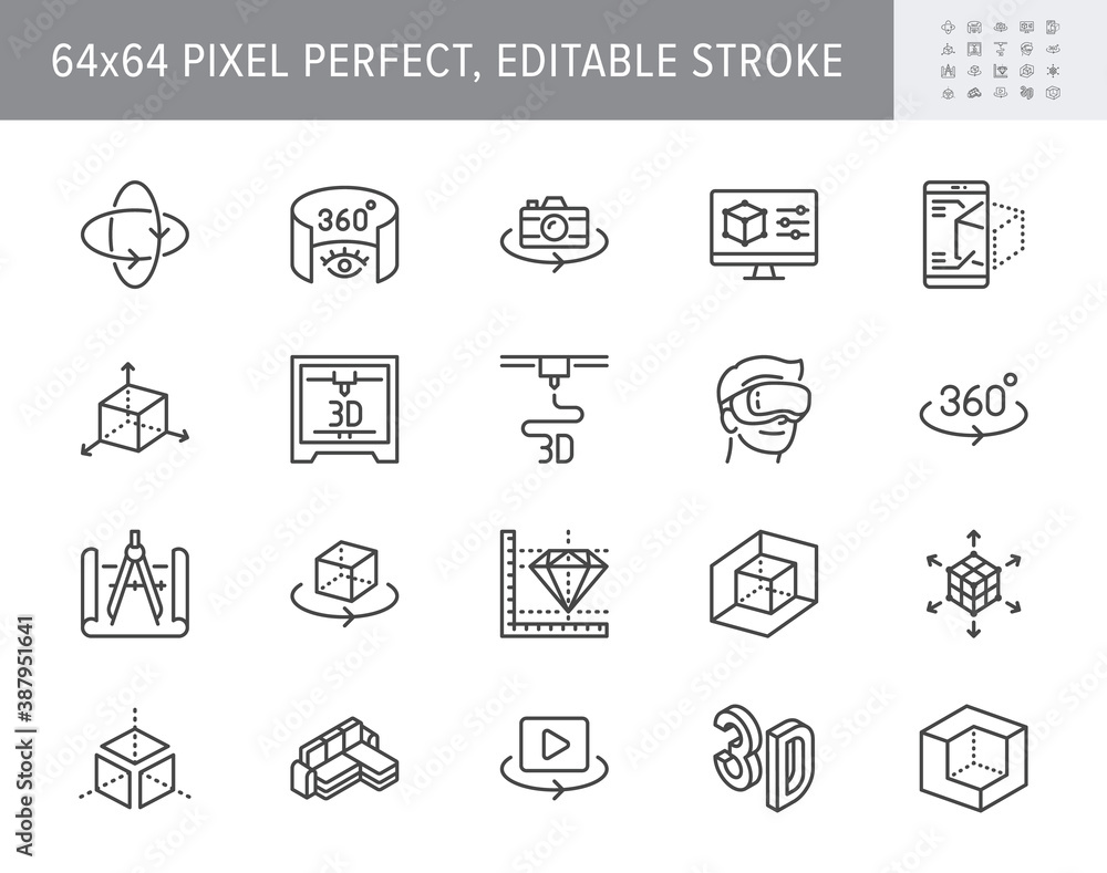 3d vr design line icons. Vector illustration included icon - virtual augmented reality, glasses, ar simulator, printer, prototype outline pictogram for ar. 64x64 Pixel Perfect Editable Stroke