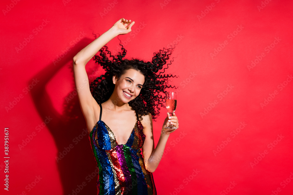 Portrait of charming glad cheerful wavy-haired girl drinking wine having fun rest chill isolated on bright red color background Portrait of charming glad cheerful wavy-haired girl drinking wine having fun rest chill isolated on bright red color background