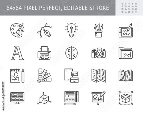 Graphic design line icons. Vector illustration included icon - digital creative tool, paintbrush, palette, prepress, presentation layout outline pictogram for art. 64x64 Pixel Perfect Editable Stroke