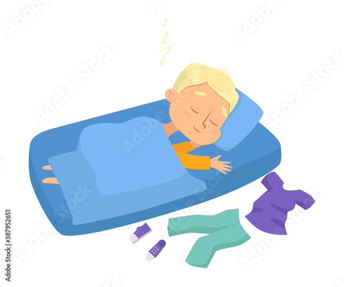 Lovely Little Boy Sleeping Sweetly in his Bed, Bedtime, Sweet Dreams of Adorable Kid Concept Cartoon Style Vector Illustration