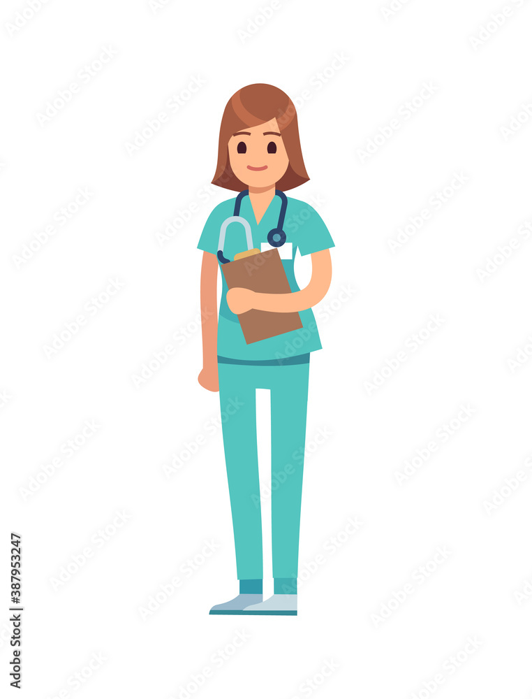Medical staff woman. Doctor or nurse in green uniform and stethoscope, surgeon or pharmacist standing and smiling, dentist professional medic occupation, flat vector cartoon character Medical staff woman. Doctor or nurse in green uniform and stethoscope, surgeon or pharmacist standing and smiling, dentist professional medic occupation, flat vector cartoon character