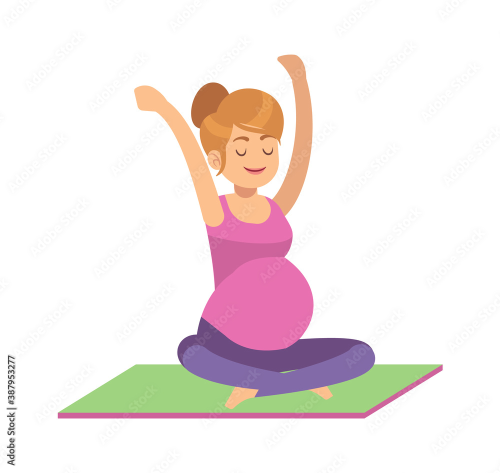 Pregnant woman doing exercises. Female fitness, yoga or pilates in sportswear on gymnastics carpet, health care and sport during pregnancy concept, young active flat vector character Pregnant woman doing exercises. Female fitness, yoga or pilates in sportswear on gymnastics carpet, health care and sport during pregnancy concept, young active flat vector character