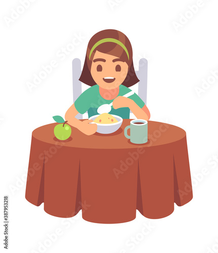 Little girl eating. Smiling hungry toddler sits at table and eats delicious cereal or muesli with spoon on breakfast, healthy food for children, flat vector cartoon isolated character