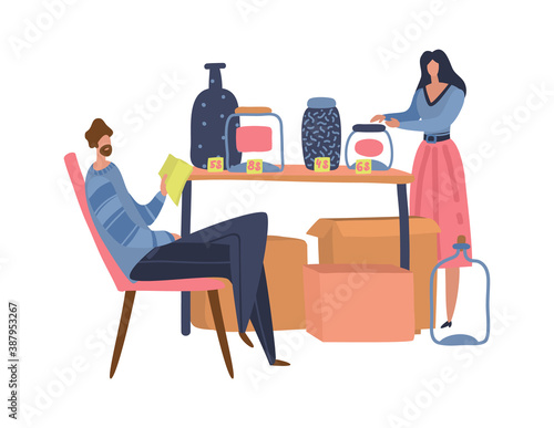 People shopping in flea market. Man and woman choose goods in second hand shop, shoppers in marketplace or bazaar, swap party cheap store sale, retail business outdoors vector concept