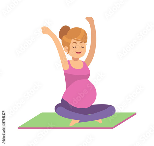 Pregnant woman doing exercises. Female fitness, yoga or pilates in sportswear on gymnastics carpet, health care and sport during pregnancy concept, young active flat vector character