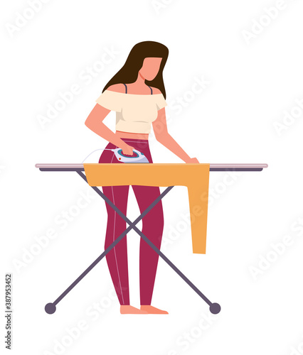 Woman ironing clothes. Female character with electric iron, housework cleaning company service, household activities housekeeping concept flat vector cartoon isolated illustration