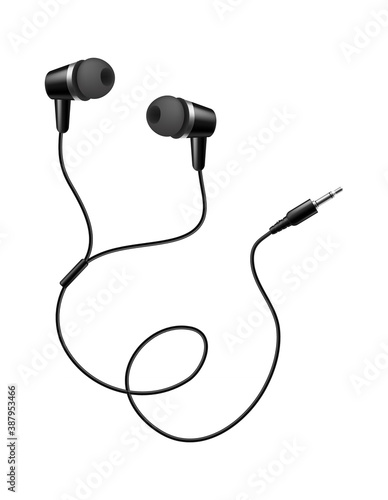 Music earphones. Realistic black audio headphone, electronic personal small portable sound earbud, musical accessory advertisement, 3d vector isolated on white background illustration