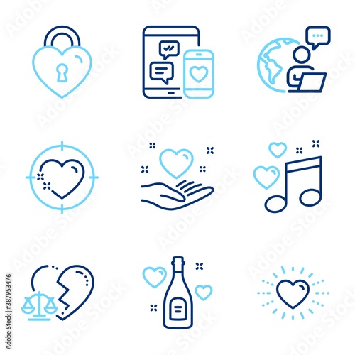 Love icons set. Included icon as Love champagne, Heart, Love music signs. Divorce lawyer, Hold heart, Social media line icons. Valentines day, Musical note. Line icons set. Vector