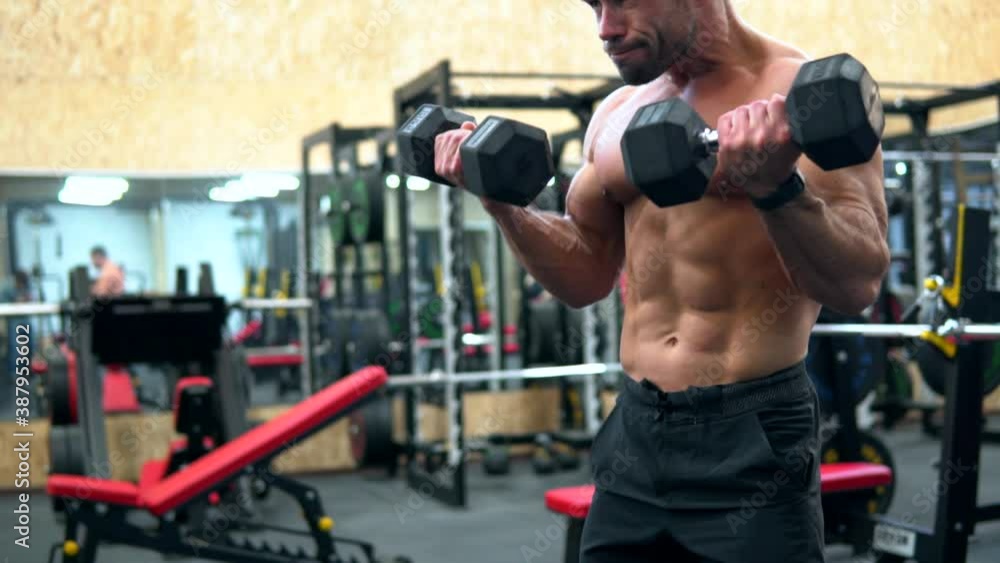 Fitness man with naked torso pumping up arm muscles. Bodybuilding workout in a gym. Muscular athlete doing biceps curls exercises with heavy dumbbells. Handsome power guy is training hard. Fitness man with naked torso pumping up arm muscles. Bodybuilding workout in a gym. Muscular athlete doing biceps curls exercises with heavy dumbbells. Handsome power guy is training hard.
