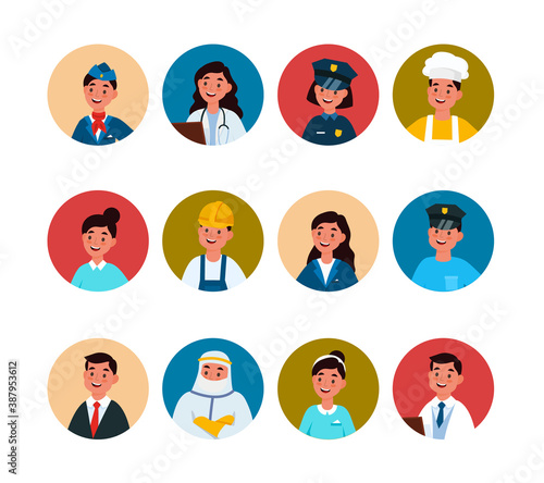 Profession avatar. Professional man and woman in circle stewardess, doctor and policeman, waiter and builder, office worker and chef in uniform round user profile portrait vector set