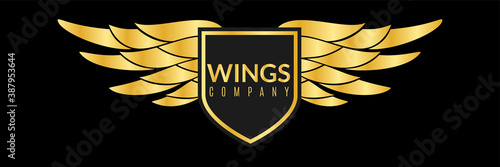 Gold wings logo. Creative sport or business success awards, angel or eagle wing shape, shiny luxury competition company winner badge, decorative heraldic golden emblem vector element