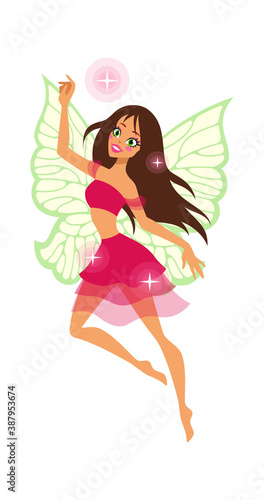 Magical cute fairy. Cartoon female character with butterfly wings flying, fantasy creature with magic stars, myth of kids fairytale pixie, adorable pretty elf flat vector illustration