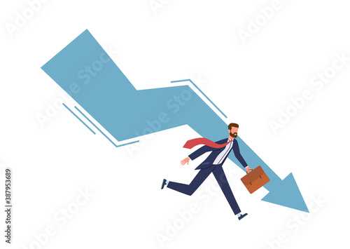Panic businessman try stopping falling arrow. Business bankruptcy and unpaid loan debt company startup collapse, financial problem economic crisis concept vector illustration on white