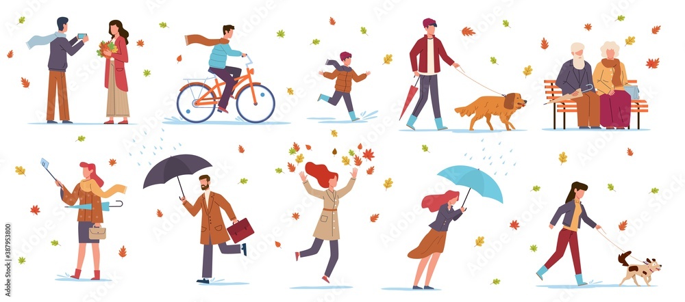 People in autumn park. Characters in fall season walking, riding bicycle, family with umbrella among falling leaves, child running on puddles pensioners on bench vector flat set